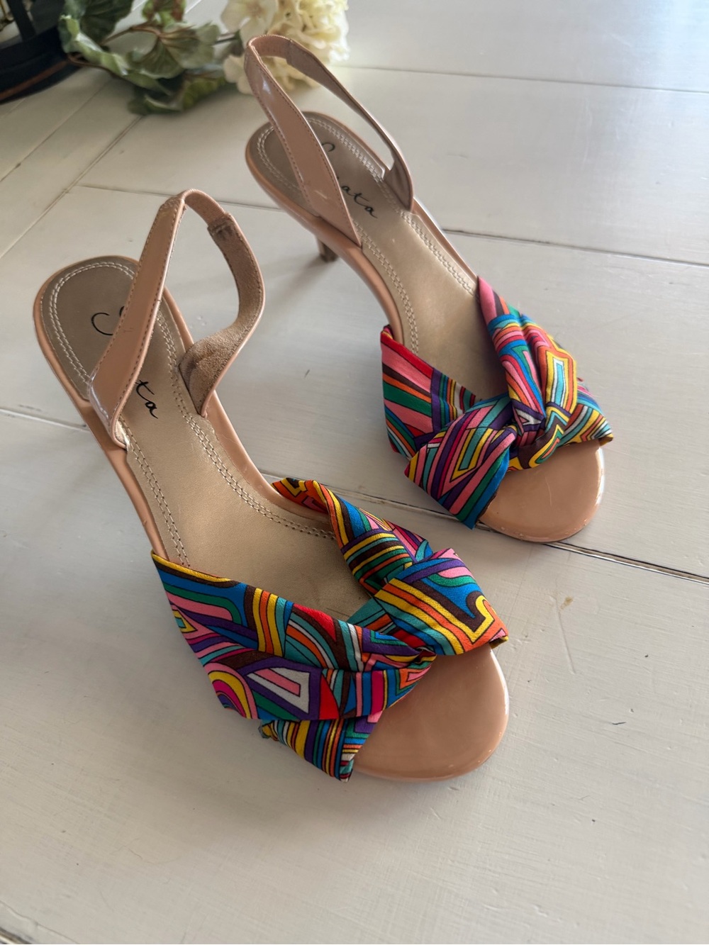Vintage Multicolor Knot Slingback Heels Geometric 90s Y2K Colorful Boho Retro